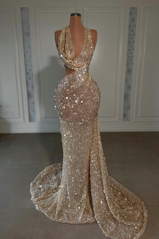 Champagner Pailletten Abendkleid V-Ausschnitt ärmellos Hatler Sexy lang