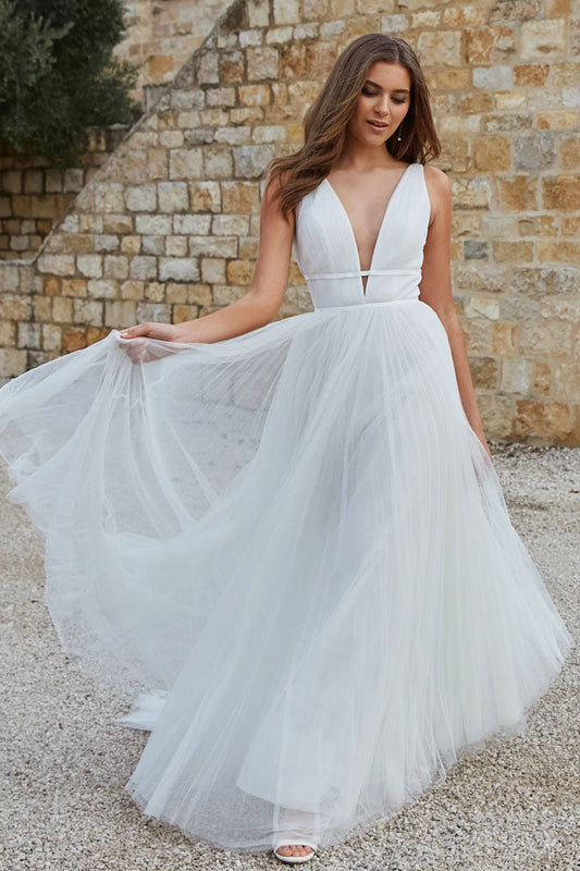 Schlichtes Brautkleid A-Linie aus Tüll Hochzeitskleider mit V-Ausschnitt