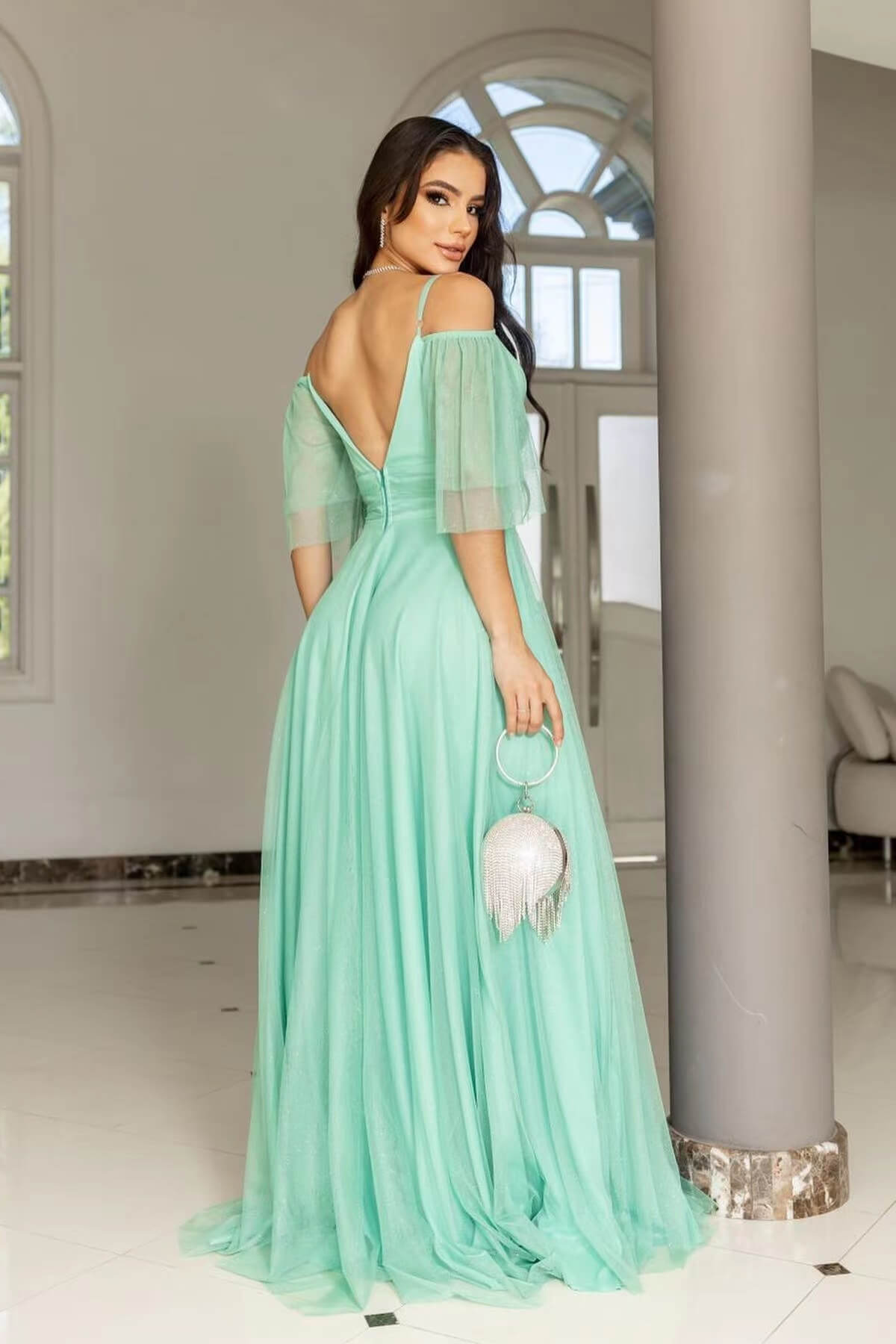 Boho-Tüll-Abschlussballkleid mit Spaghettiträgern in A-Linie