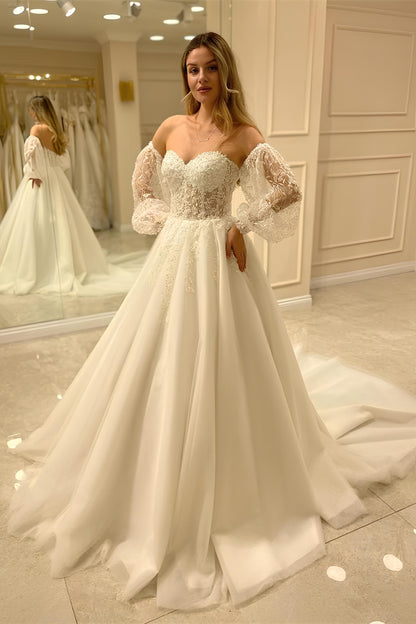 Romantische Hochzeitskleider A-Linie Brautkleid mit Spitzenärmeln