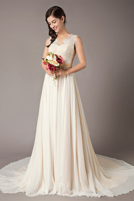 Champagnerfarbenes Spitzen-Chiffon-Brautkleid