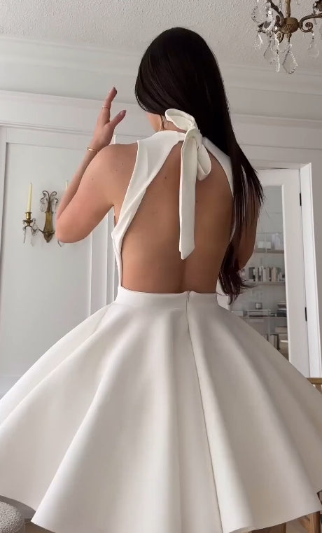Sexy weißes kurzes Ballkleid mit Neckholder, A-Linie, Ballkleid