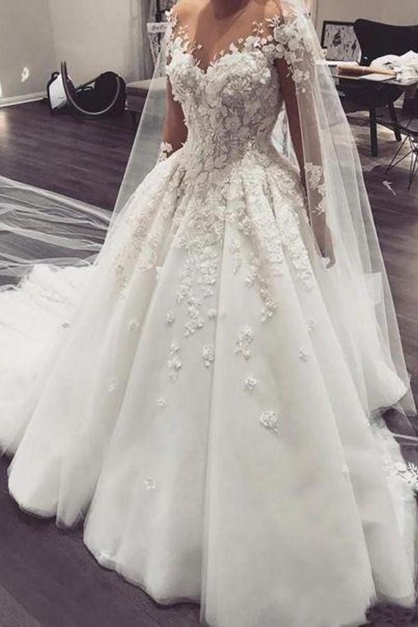 Bateau-Brautkleid in A-Linie mit langen Ärmeln und Spitzenapplikationen