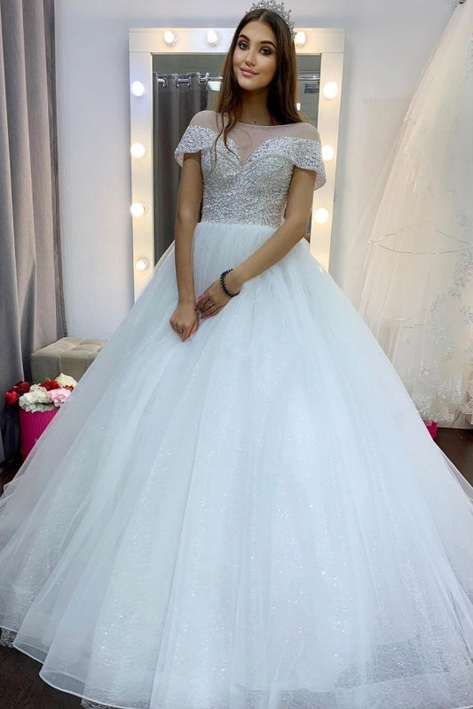Elegantes A-Linien-Brautkleid mit Bateau-Kristallschleppe und Pailletten-Tüll