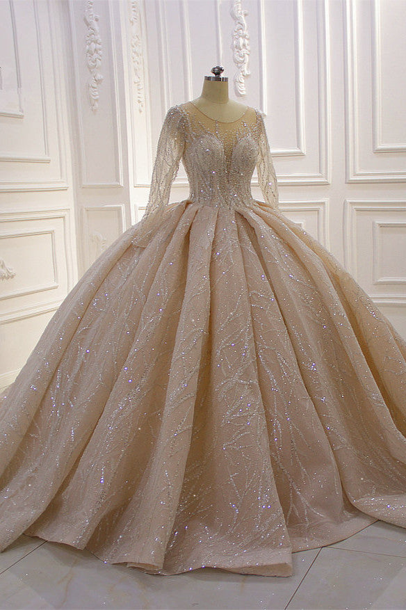 Bateau-Brautkleid mit langen Ärmeln, bodenlangem Ballkleid und Rüschen