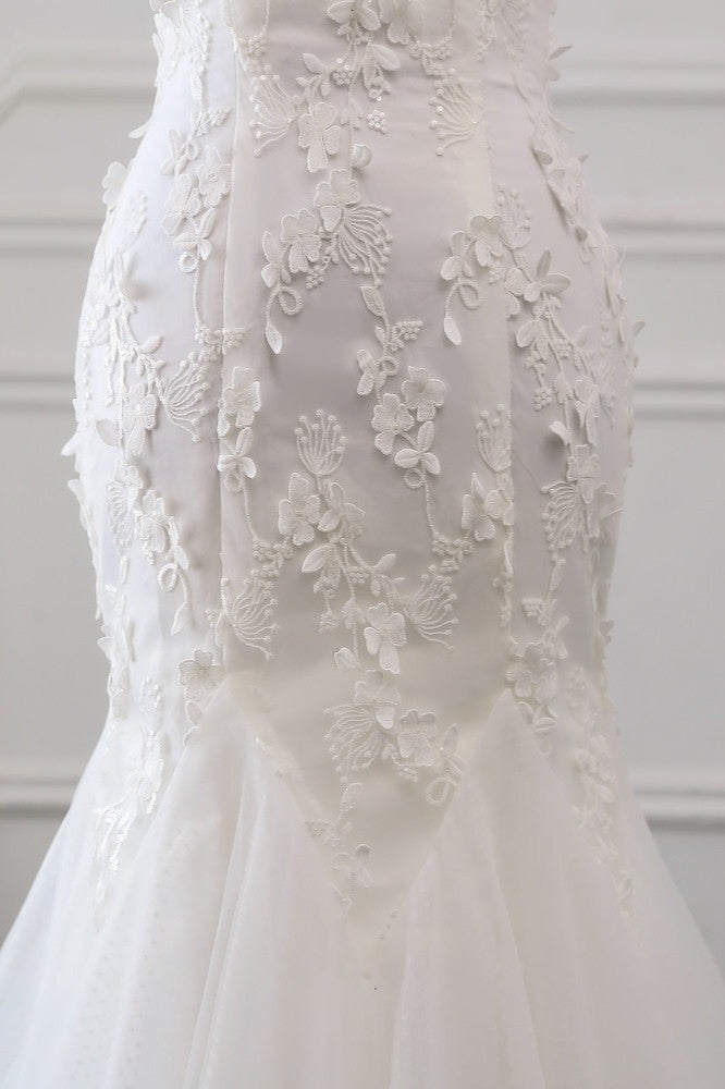 Schulterfreies, langes Meerjungfrau-Brautkleid mit Tüll und Spitze