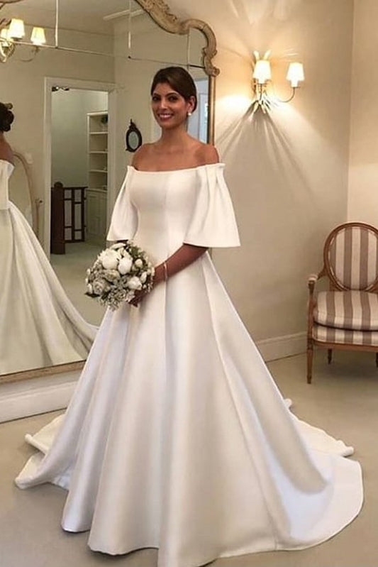 A-Linie, schulterfreies, kurzärmliges Brautkleid mit Rüschen