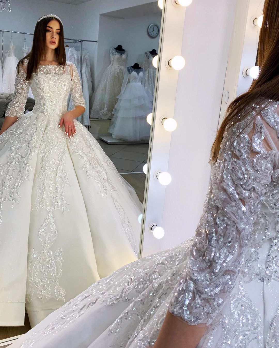 Wunderschönes bodenlanges Bateau-Brautkleid im Prinzessin-Stil aus Satin mit langen Ärmeln und Spitzenapplikationen