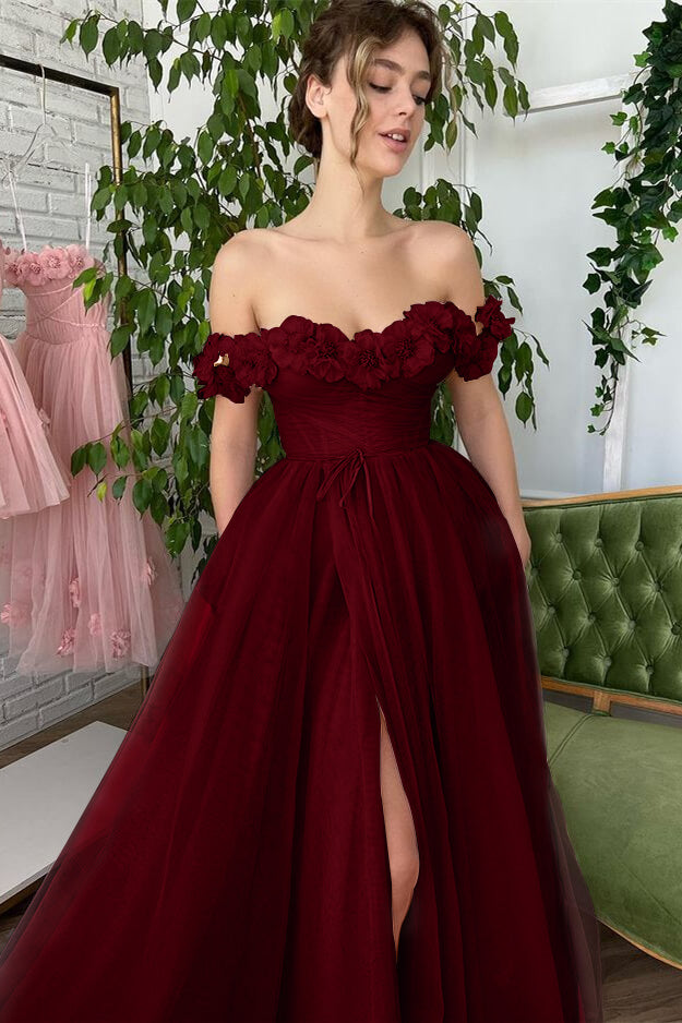 Altrosafarbenes, schulterfreies, trägerloses A-Linien-Abendkleid mit Schlitz und Tüllapplikationen