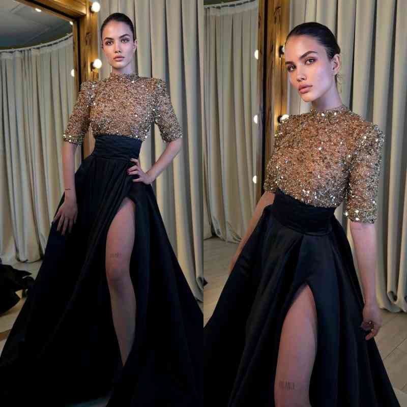 Schwarzes und Champagner-Abschlussballkleid mit langen Ärmeln und Meerjungfrau-Schlitz