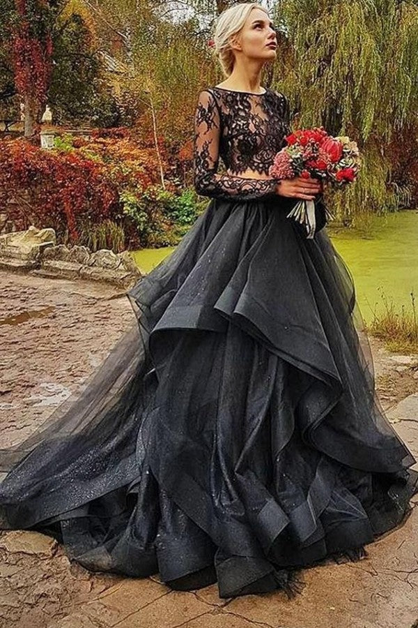 Schwarzes langes zweiteiliges Brautkleid mit Ärmeln und Tüllspitze
