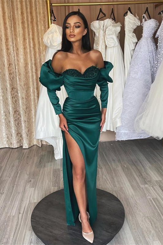 Wunderschönes smaragdgrünes Ballkleid mit langen Blasenärmeln, Herzausschnitt und Pailletten