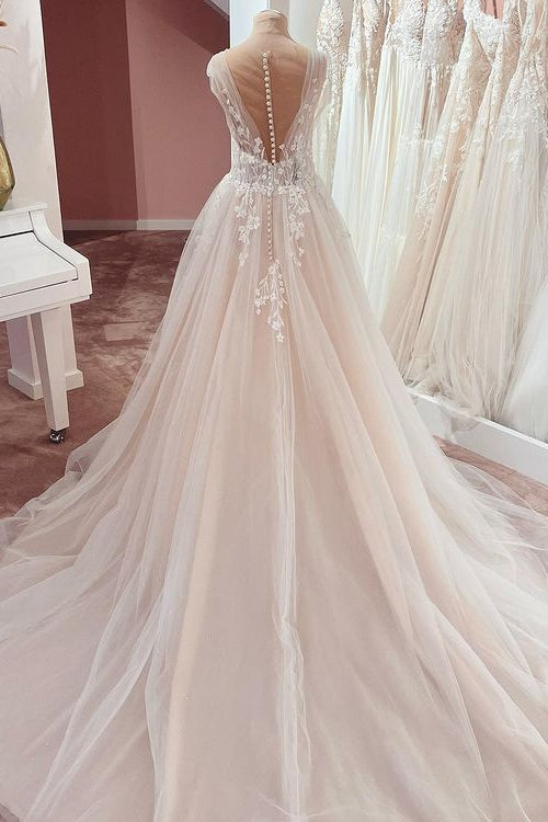 A-Linien-Brautkleid mit breiten Trägern, Rüschen, Applikationen, Spitze und Tüll