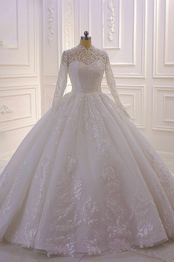 A-Linie, Stehkragen, Langarm-Brautkleid mit Applikationen, Rüschen, Spitze, Perlen und Pailletten