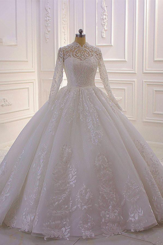 A-Linie, Stehkragen, Langarm-Brautkleid mit Applikationen, Rüschen, Spitze, Perlen und Pailletten