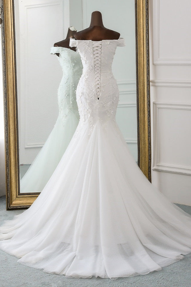 Schulterfreies, langes Meerjungfrau-Brautkleid mit Tüll und Spitze