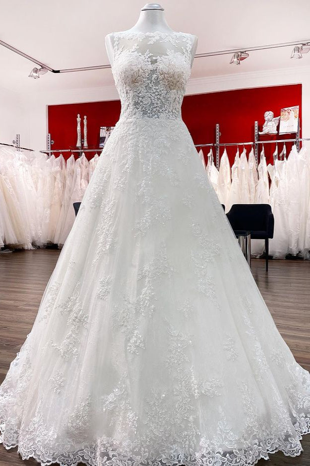 Anmutige lange A-Linie-Brautkleider aus Juwelen-Tüll mit Spitzenapplikationen