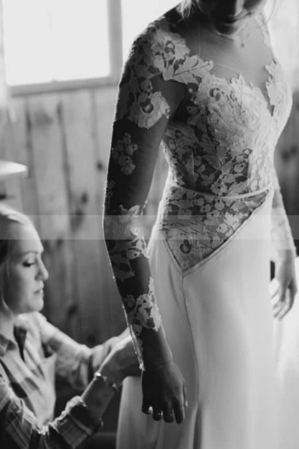 Transparentes bodenlanges Brautkleid aus Spitze mit langen Ärmeln und A-Linie aus Tüll