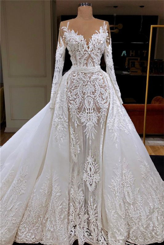 Glamouröses, langärmeliges Meerjungfrau-Brautkleid aus Spitze mit abnehmbarem Rock