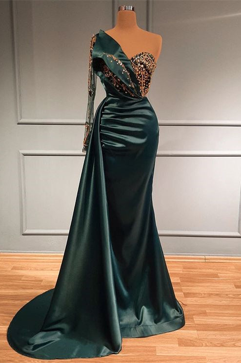 Dunkelgrünes Meerjungfrau-Abendkleid mit langen Spitzenärmeln und Applikationen