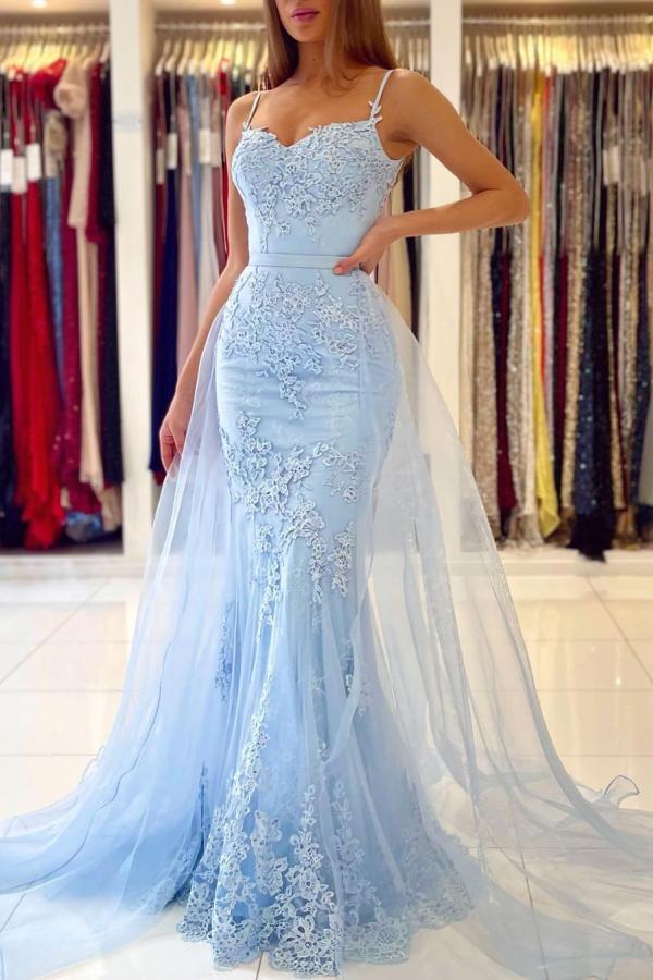 Himmelblaues Spitzen-Abschlussballkleid im Meerjungfrau-Stil