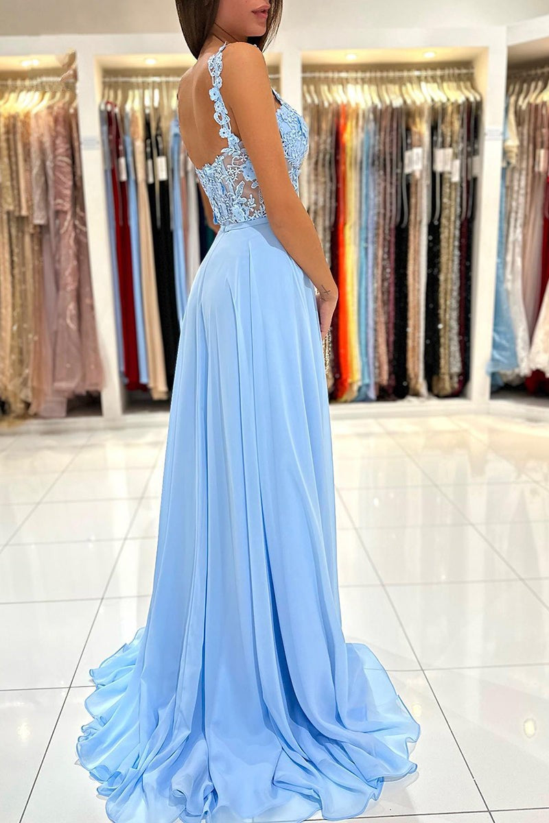Babyblaues, herzförmiges, langes Ballkleid aus Spitze in A-Linie mit Schlitz