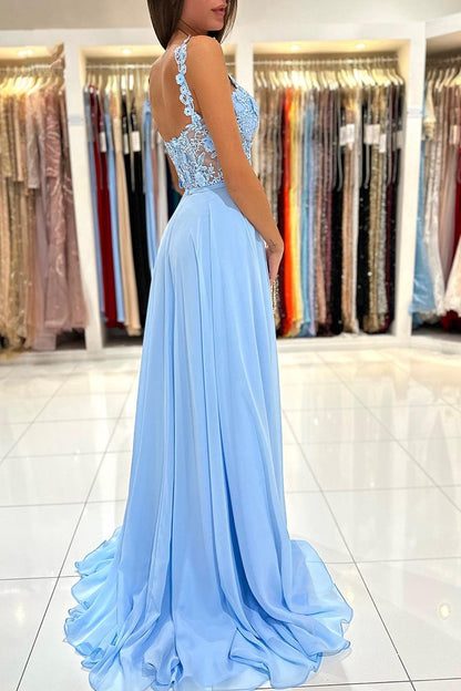 Babyblaues, herzförmiges, langes Ballkleid aus Spitze in A-Linie mit Schlitz