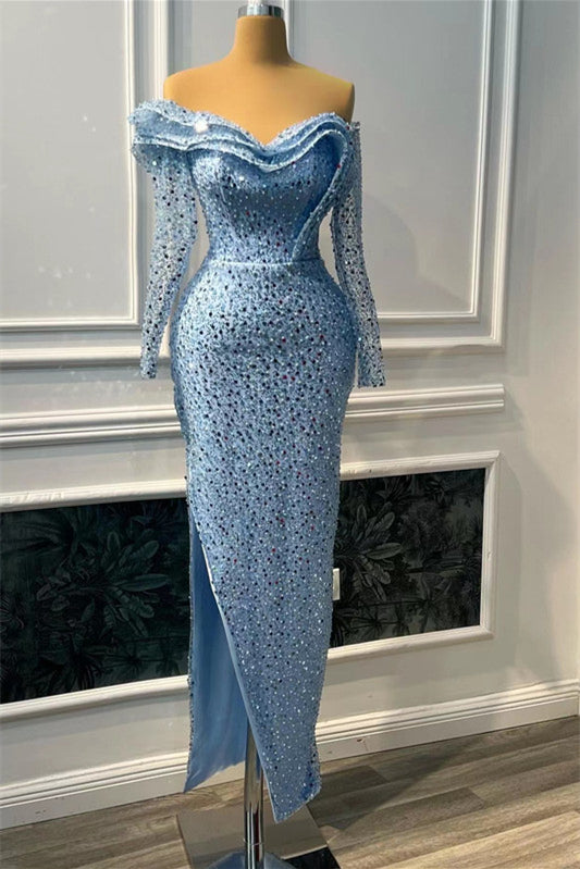 Blaues, herzförmiges, langärmliges Meerjungfrau-Abschlussballkleid mit geteilten Perlen