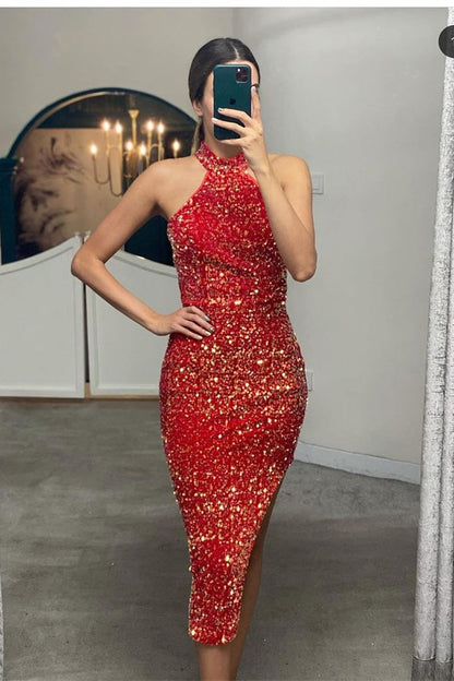 Elegantes Neckholder-Meerjungfrau-Abschlussballkleid mit Pailletten online