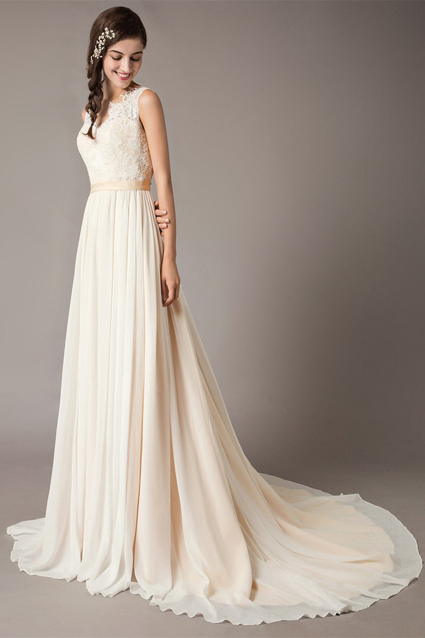 Champagnerfarbenes Spitzen-Chiffon-Brautkleid