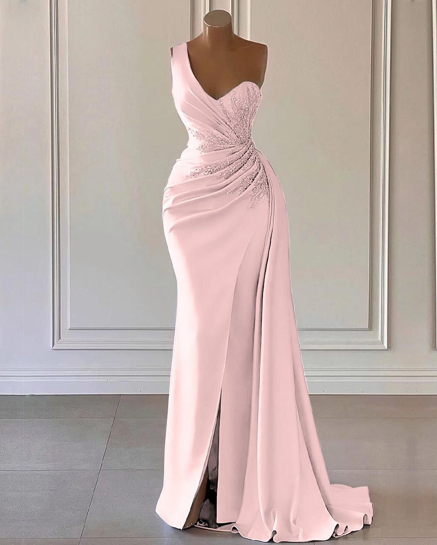 Himmelblaues One-Shoulder-Luxus-Abschlussballkleid im Meerjungfrau-Stil mit Schlitz und Rüschen