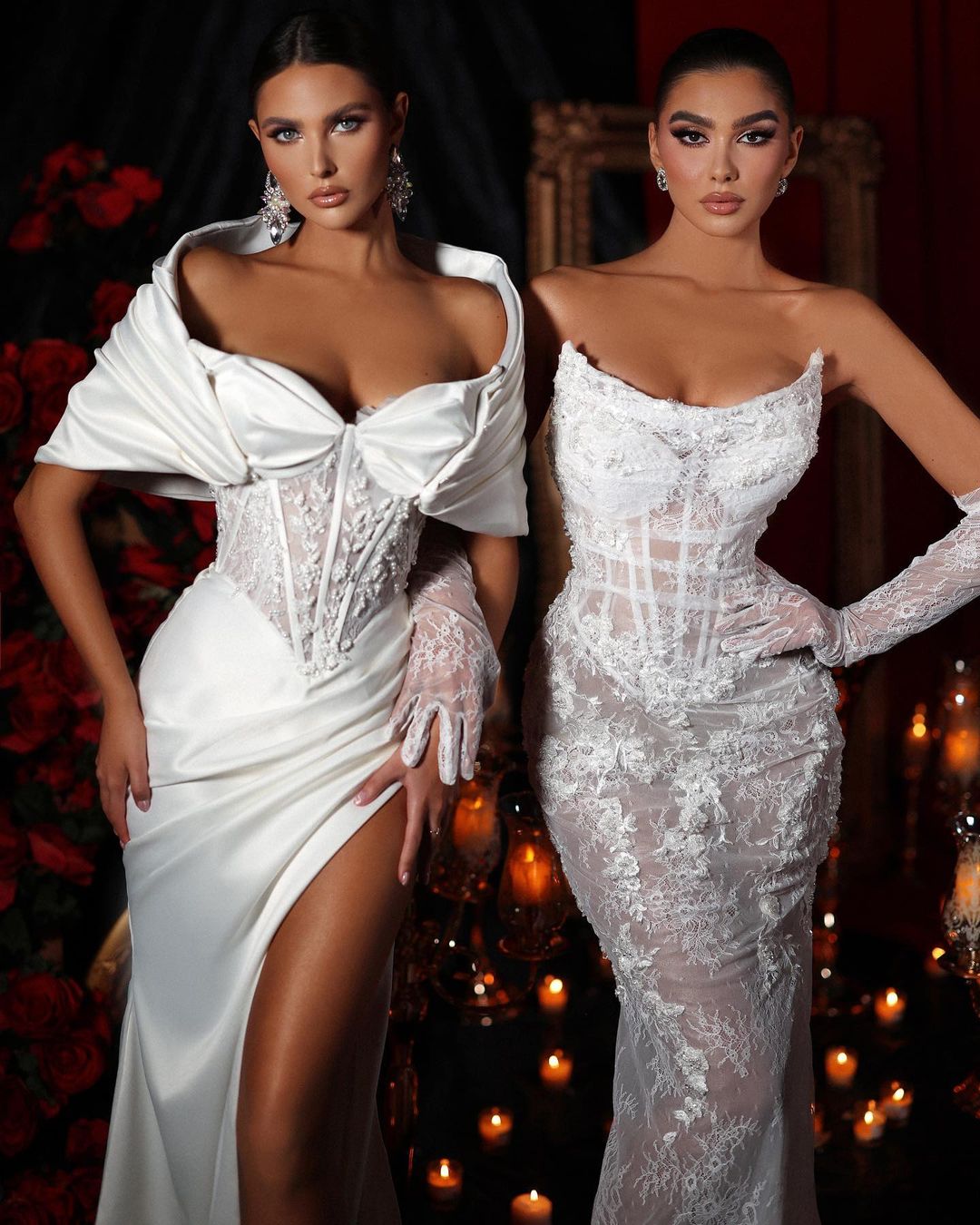 Elegant white wedding dress with off-the-shoulder slit and charmeuse