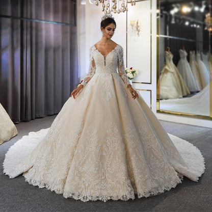 Elegantes, rückenfreies, langärmliges Brautkleid in A-Linie mit Herzausschnitt und Applikationen aus Spitze und Pailletten