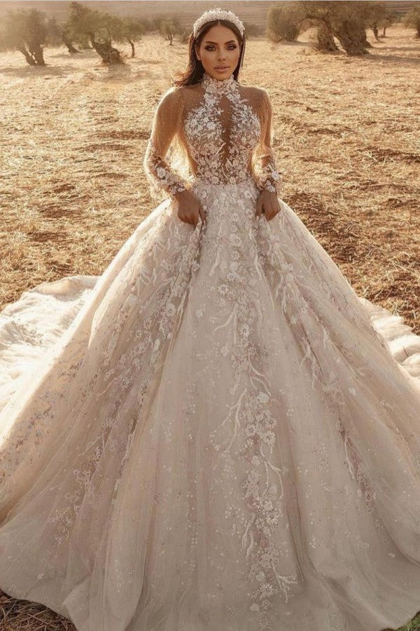 Hochgeschlossenes, langärmliges Brautkleid in A-Linie mit Applikationen aus Spitze und Tüll