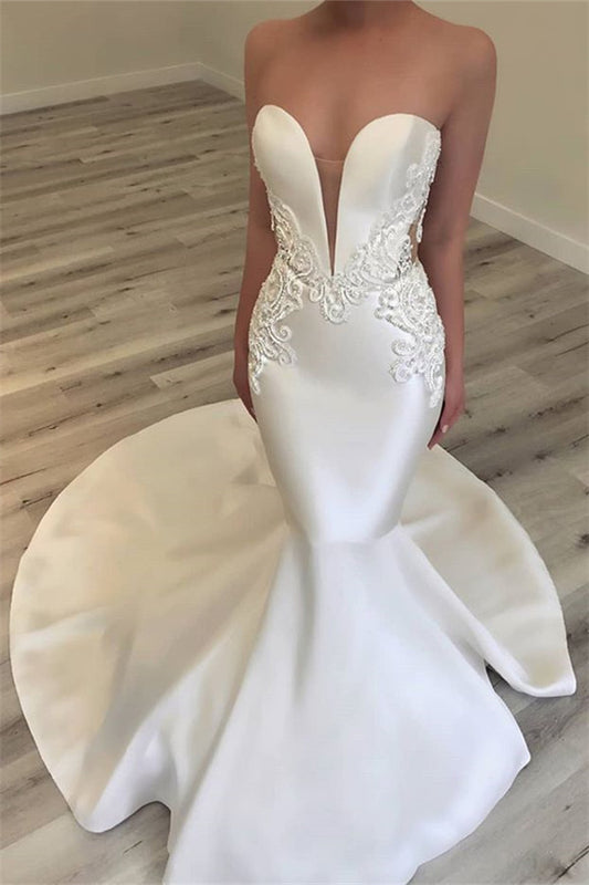 Elegantes, ärmelloses Boho-Hochzeitskleid mit V-Ausschnitt und Spitzenapplikation online