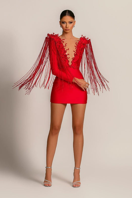 Kurzes rotes Abendkleid mit V-Ausschnitt und Quaste, sexy, lange Ärmel