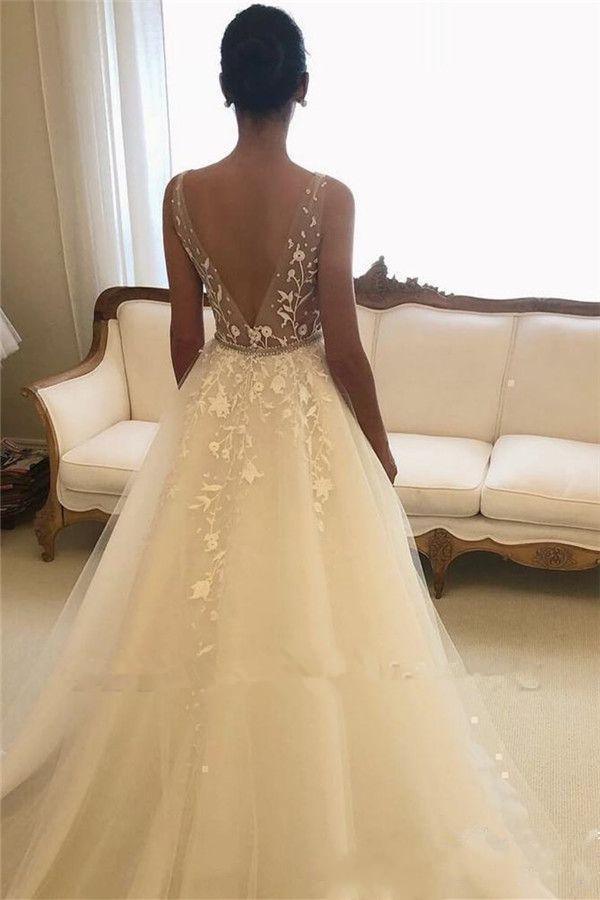 Langes Brautkleid in A-Linie mit offenem Rücken, Herzausschnitt und Tüll