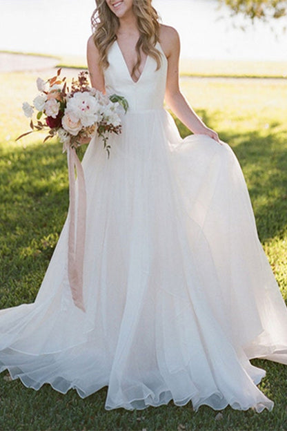 Ärmelloses Brautkleid aus Tüll Hochzeitskleid A-Linie