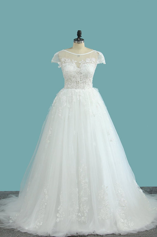 Bateau-Brautkleid in A-Linie, Spitze, rückenfrei, mit Tüllapplikationen