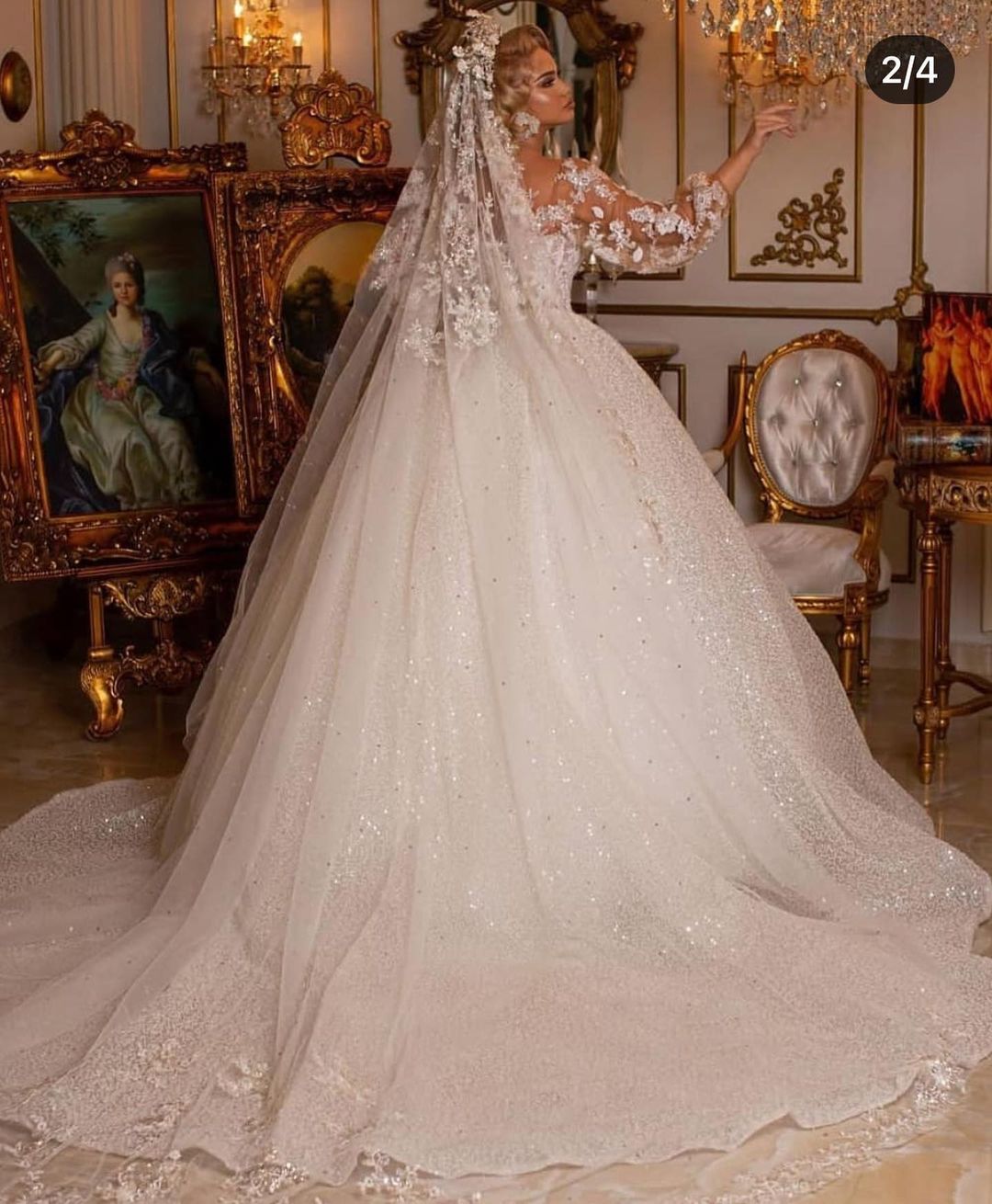 Luxuriöses, langes Ballkleid-Hochzeitskleid mit Puffärmeln und Applikationen