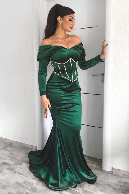 Abendkleid, schulterfrei, dunkelgrün, lange Ärmel, Meerjungfrau