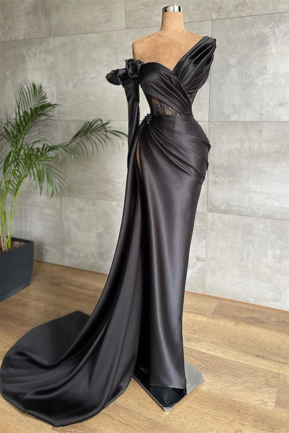 Schwarzes, langärmeliges Meerjungfrau-Abschlussballkleid