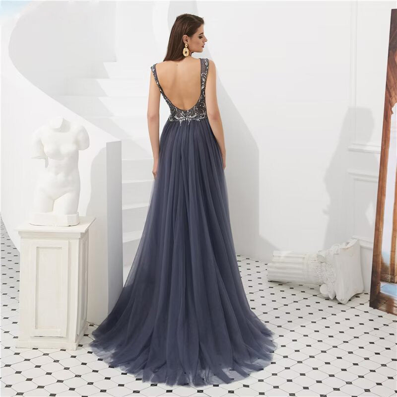 Burgunderrotes Abendkleid im Meerjungfrau-Stil mit V-Ausschnitt und Kristallperlen, rückenfrei, langes formelles Abendkleid
