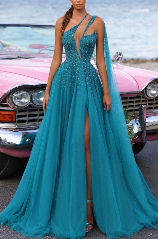 Blaues Tüll-Abschlussballkleid, A-Linien-Kleid mit Pailletten und hohem Schlitz