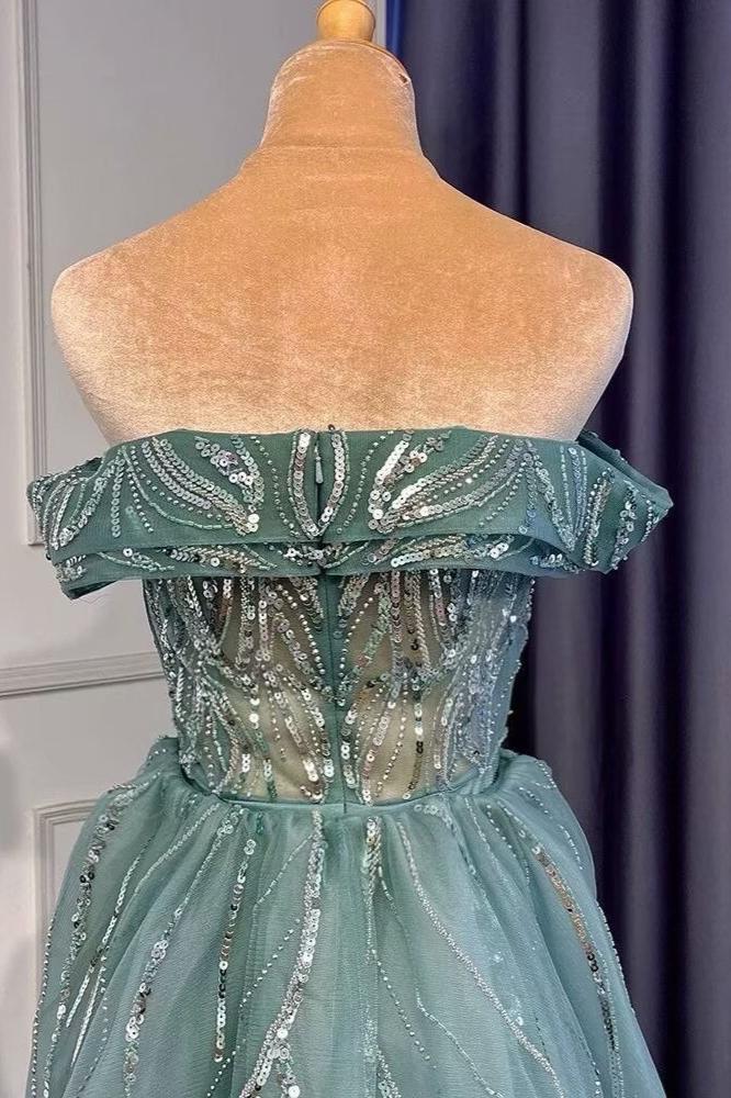 Atemberaubende himmelblaue Abendkleider mit Schlitz, schulterfrei, rückenfrei, langes Partykleid in A-Linie