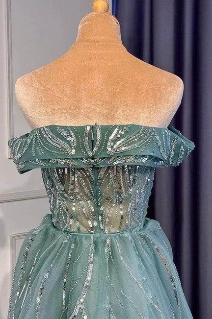Atemberaubende himmelblaue Abendkleider mit Schlitz, schulterfrei, rückenfrei, langes Partykleid in A-Linie