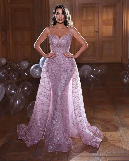 Glänzendes Meerjungfrau-Abendkleid mit Spaghettiträgern und Überrock, ärmellos online