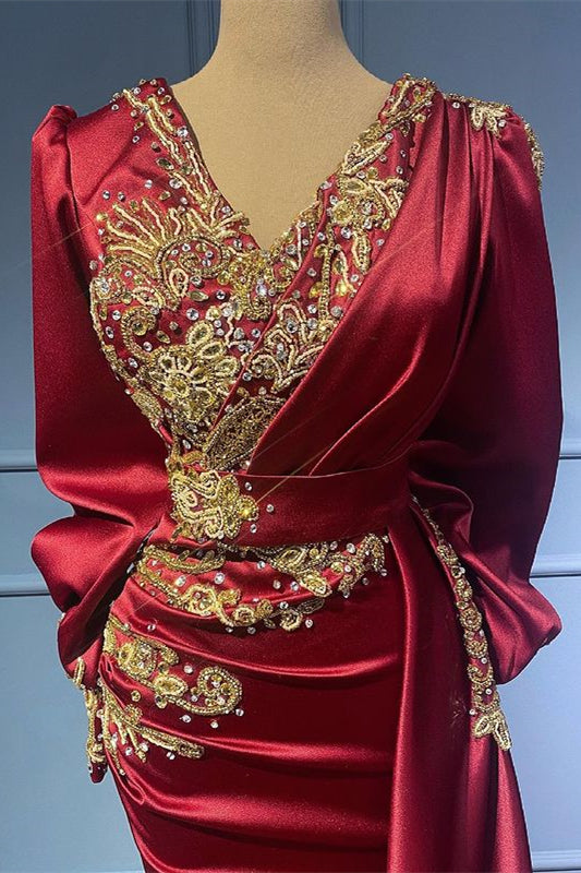Burgunderrotes, langärmliges, perlenbesetztes Meerjungfrau-Rüschen-Abendkleid mit Applikationen