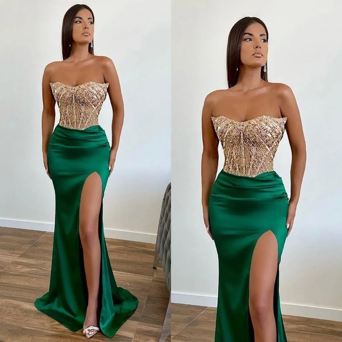 Dunkelgrünes, perlenbesetztes Meerjungfrau-Abschlussballkleid, trägerloses Kleid mit Schlitz und Pailletten