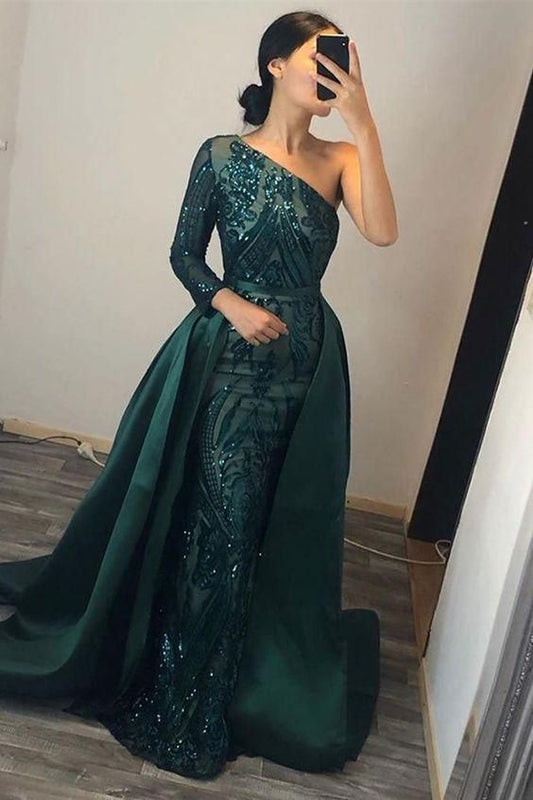 Dunkelgrünes One-Shoulder-Überrock-Langarm-Meerjungfrau-Abschlussballkleid mit Pailletten
